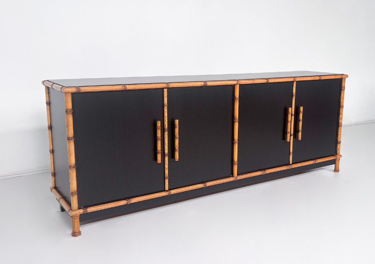 Bamboo And Black-lacquered Wood Sideboard, Italy, Circa 1960-photo-6