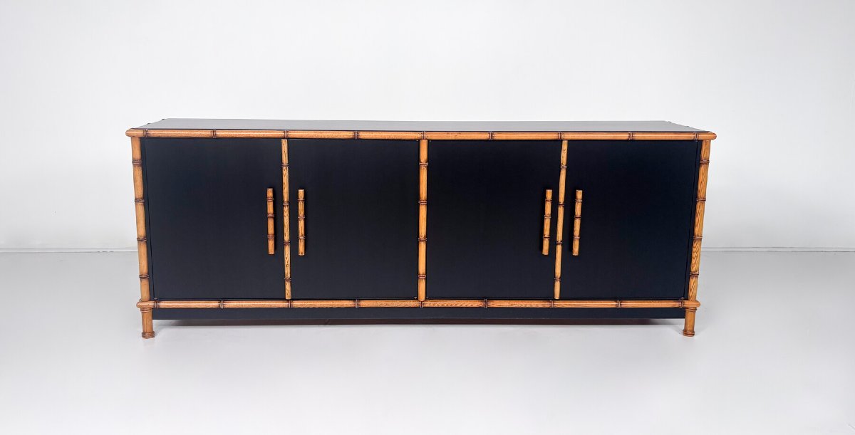 Bamboo And Black-lacquered Wood Sideboard, Italy, Circa 1960