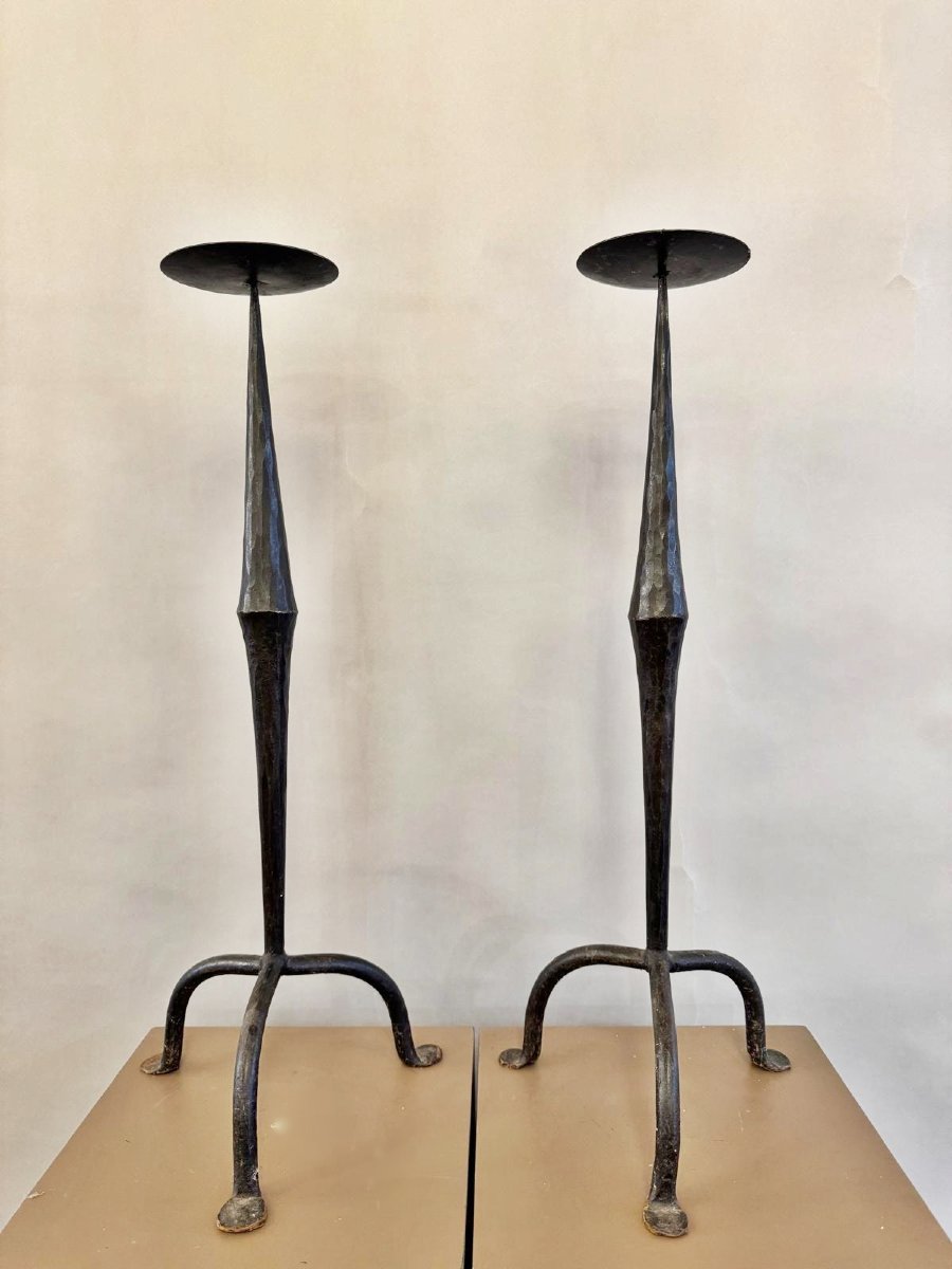 Pair Of Wrought-iron And Hammered Candlesticks, Brutalist Style, 1950s-photo-2