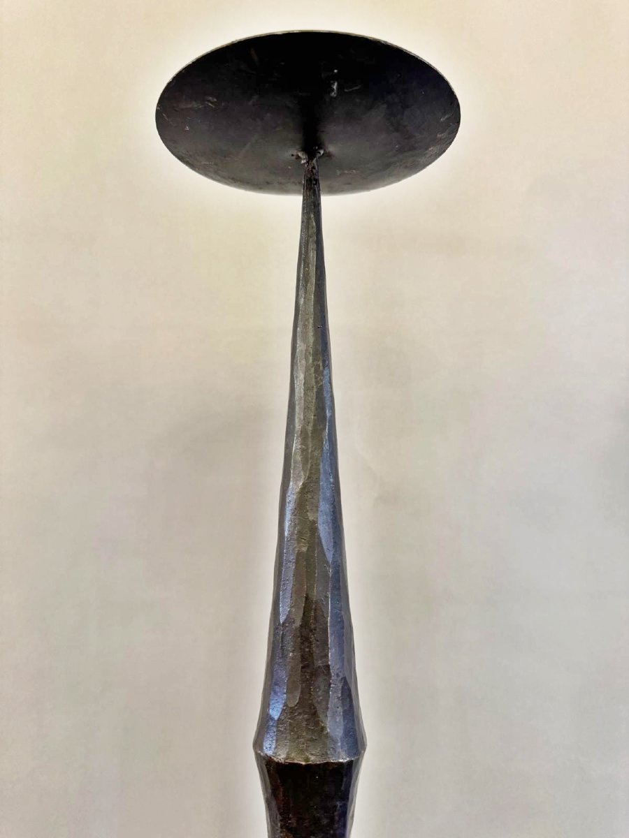 Pair Of Wrought-iron And Hammered Candlesticks, Brutalist Style, 1950s-photo-3
