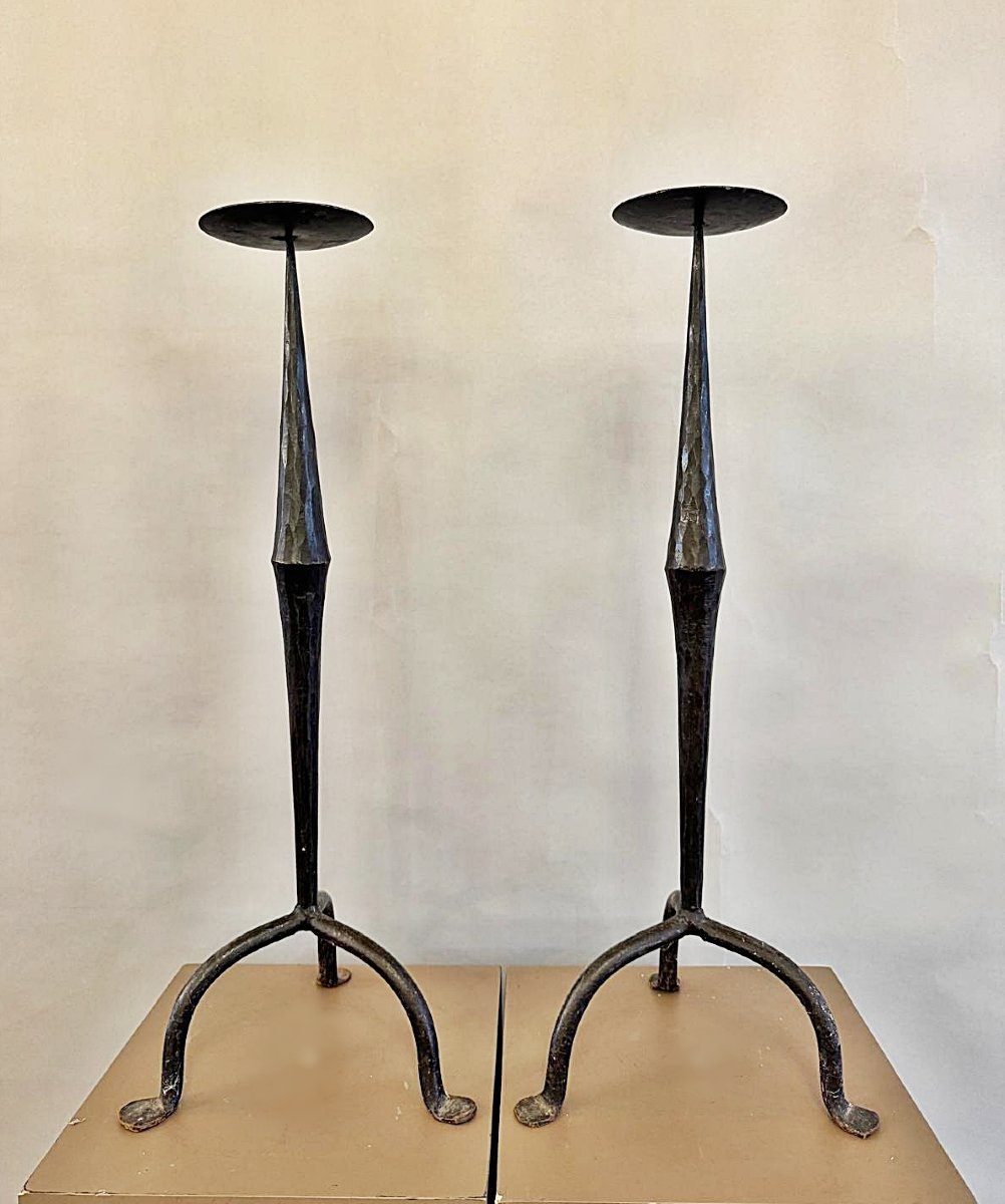 Pair Of Wrought-iron And Hammered Candlesticks, Brutalist Style, 1950s