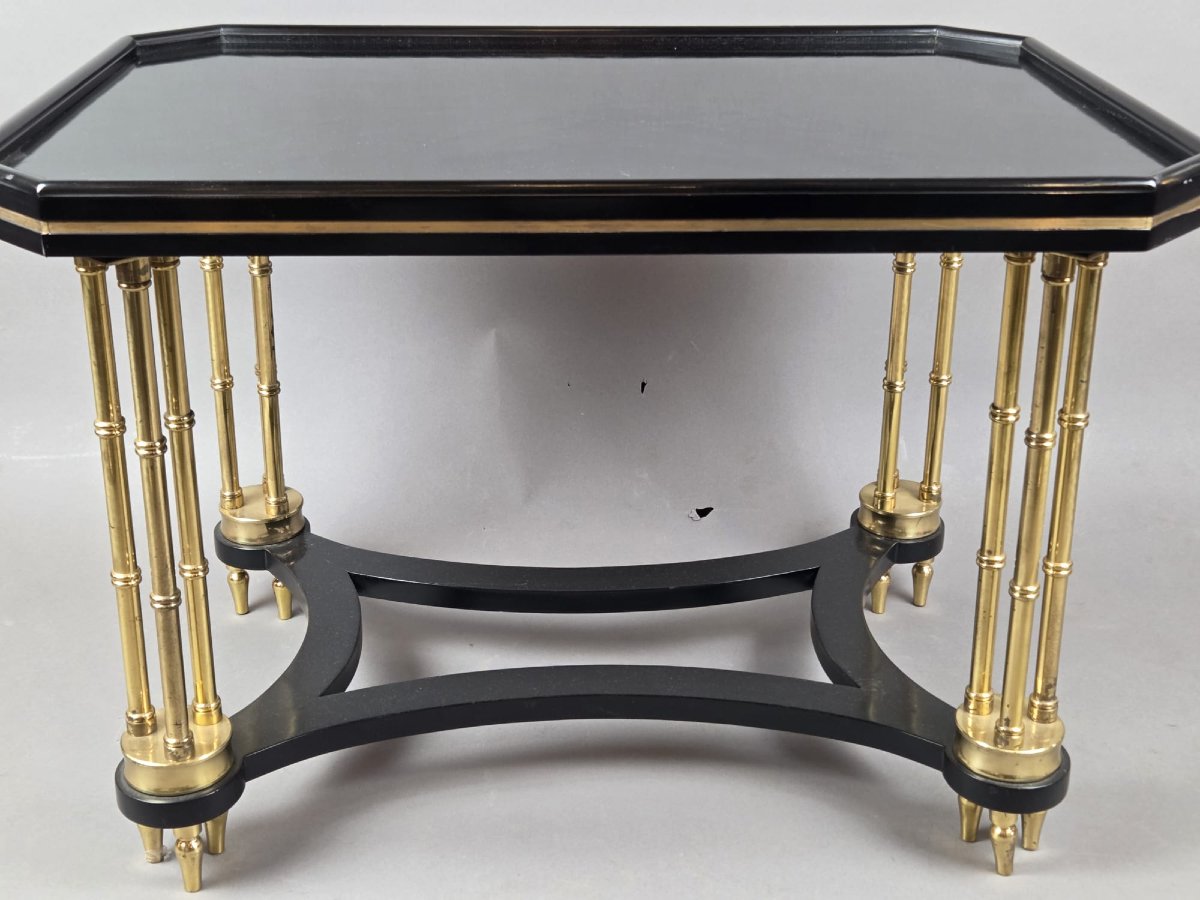 Hollywood Regency Coffee Table In Black Lacquered Wood And Gilded Bronze-photo-2
