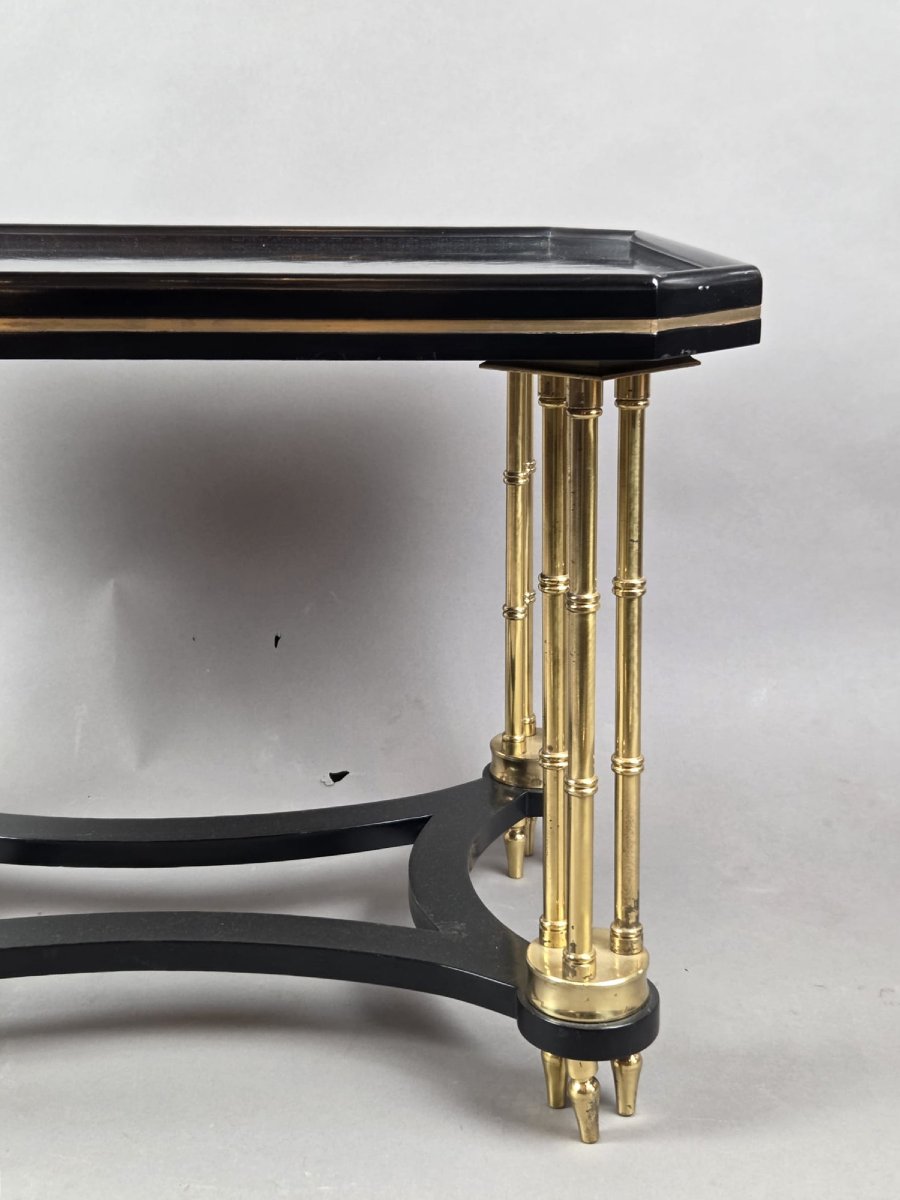 Hollywood Regency Coffee Table In Black Lacquered Wood And Gilded Bronze-photo-3
