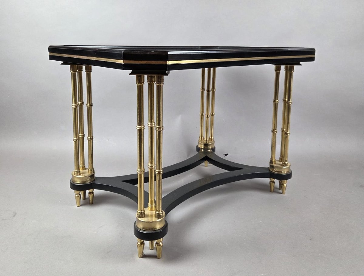 Hollywood Regency Coffee Table In Black Lacquered Wood And Gilded Bronze-photo-3