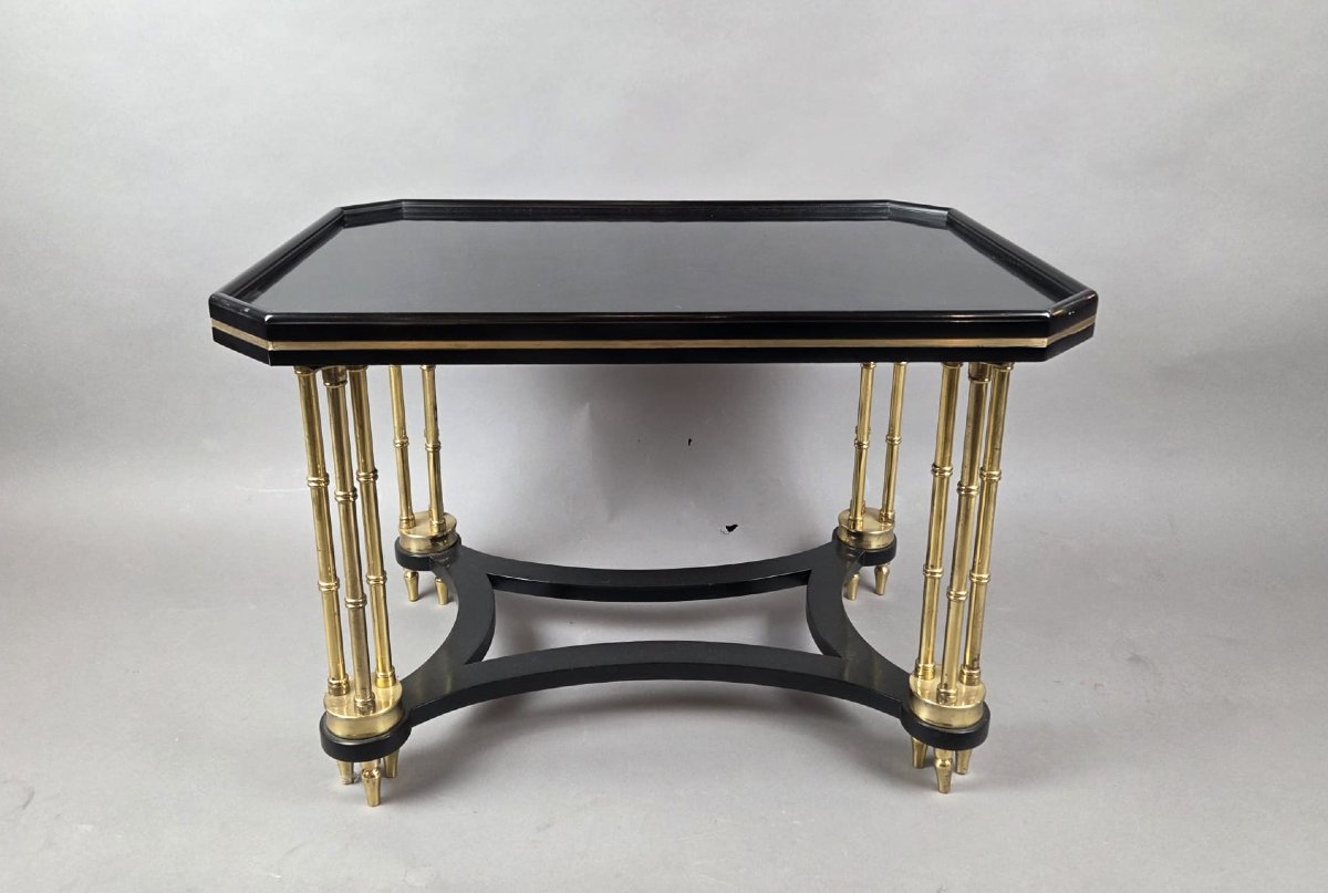 Hollywood Regency Coffee Table In Black Lacquered Wood And Gilded Bronze