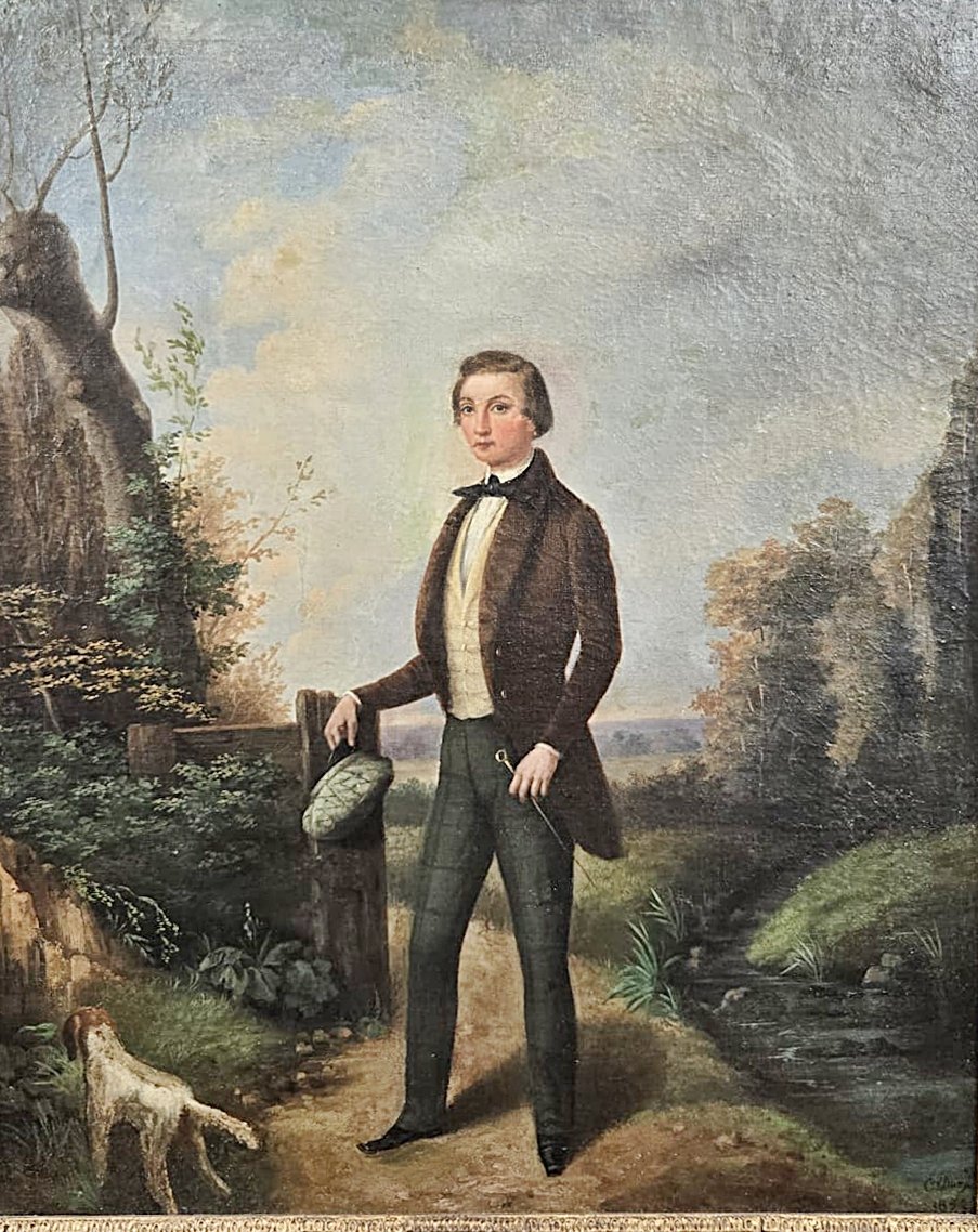 Huile sur toile, « Portrait d’un élégant dans la campagne », Antoine Dury, 1852-photo-2