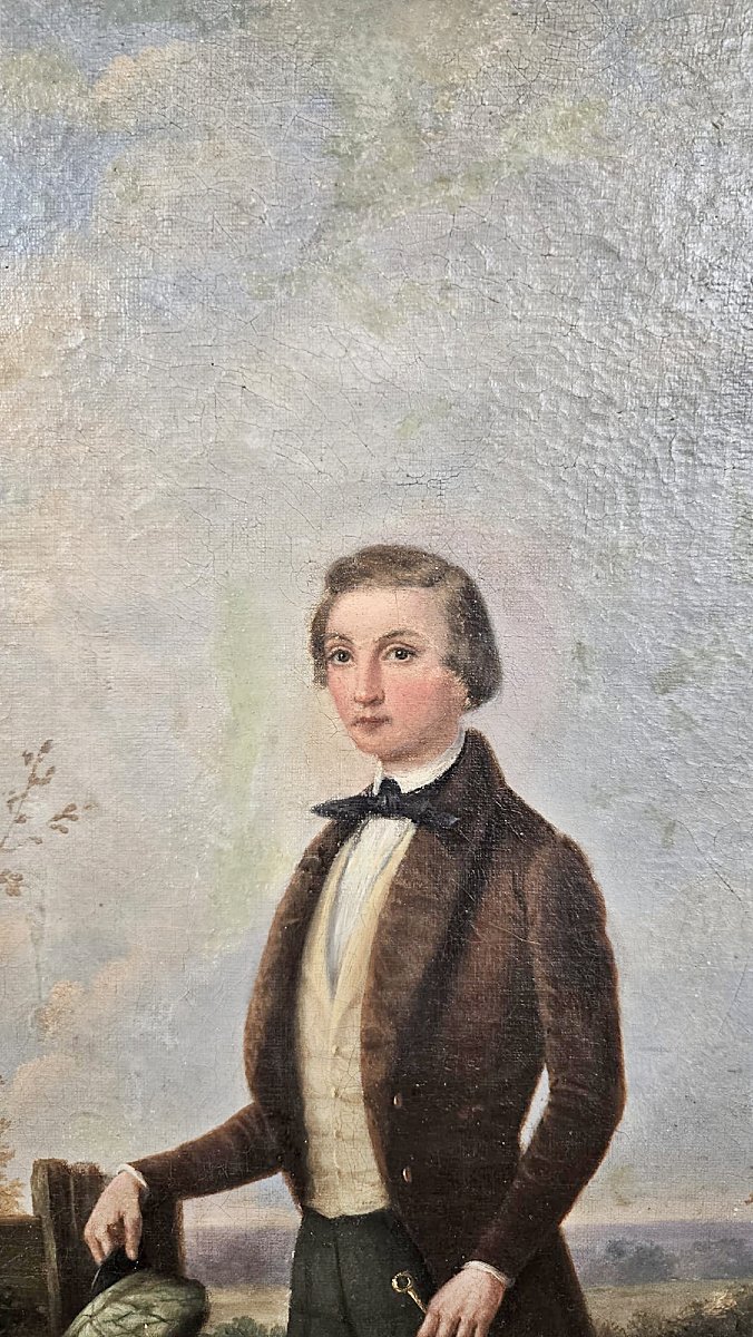 Huile sur toile, « Portrait d’un élégant dans la campagne », Antoine Dury, 1852-photo-3