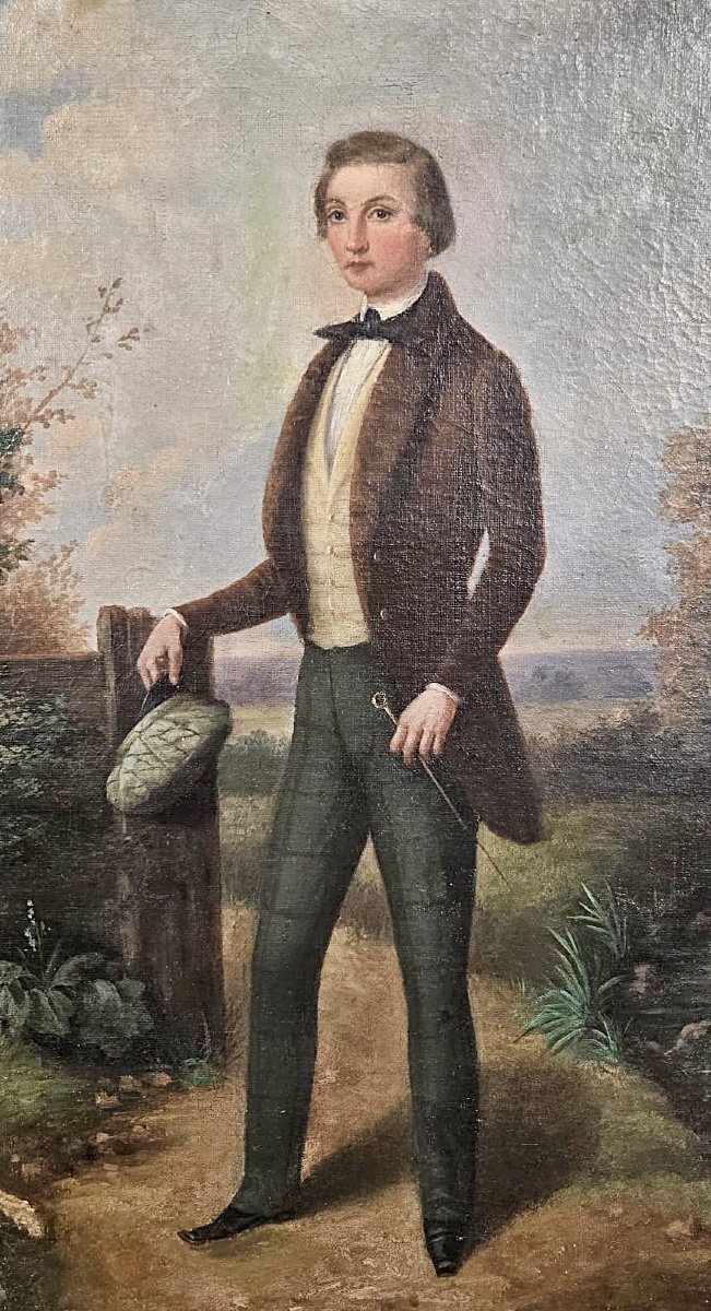 Huile sur toile, « Portrait d’un élégant dans la campagne », Antoine Dury, 1852-photo-4