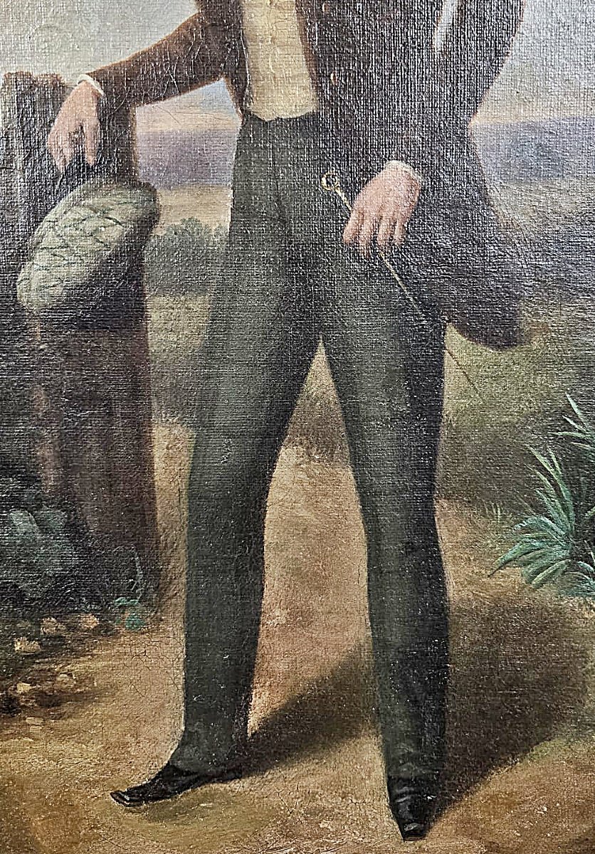 Huile sur toile, « Portrait d’un élégant dans la campagne », Antoine Dury, 1852-photo-1