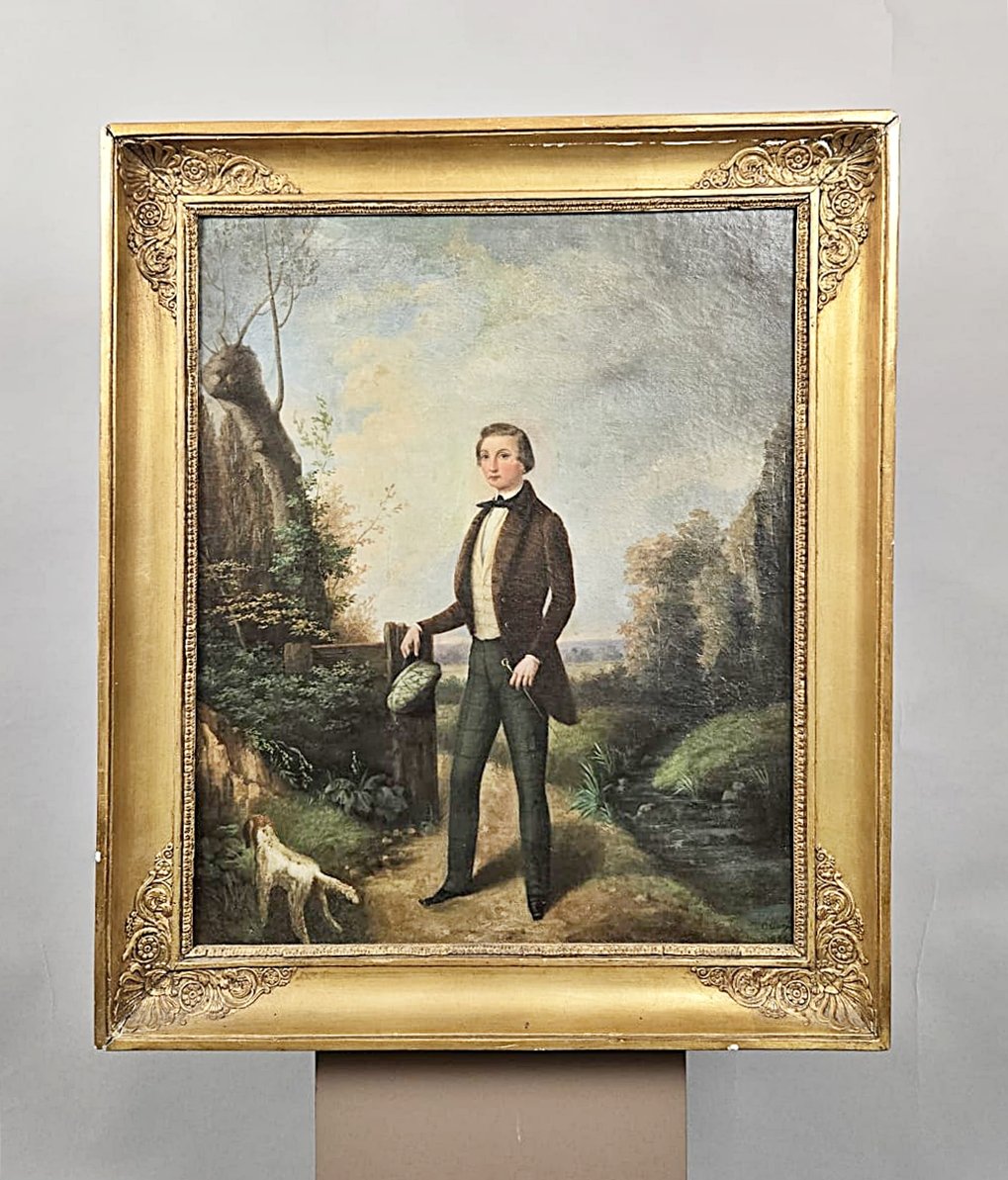 Huile sur toile, « Portrait d’un élégant dans la campagne », Antoine Dury, 1852