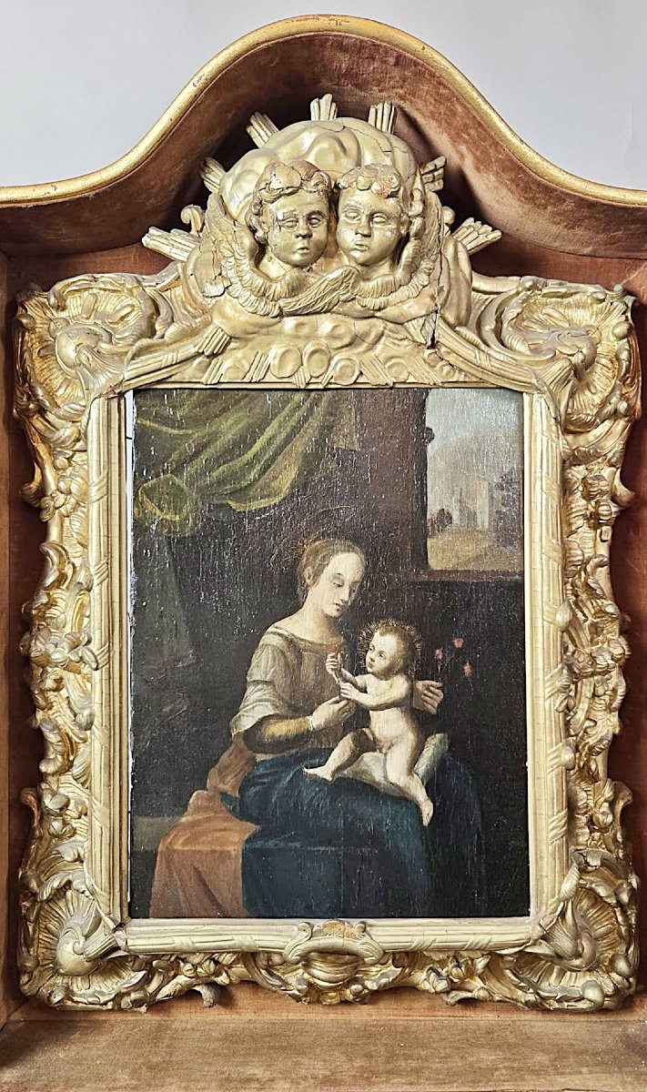 Huile sur panneau représentant une « Vierge à l’Enfant » sous niche, fin du XVIIe siècle-photo-2