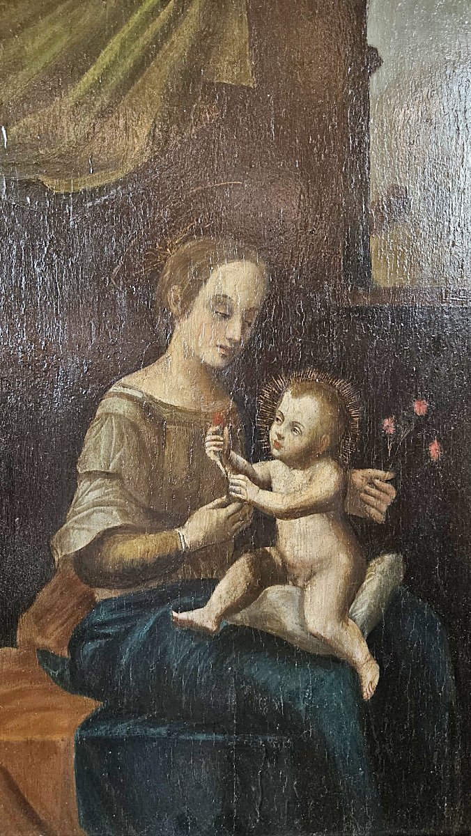 Huile sur panneau représentant une « Vierge à l’Enfant » sous niche, fin du XVIIe siècle-photo-3