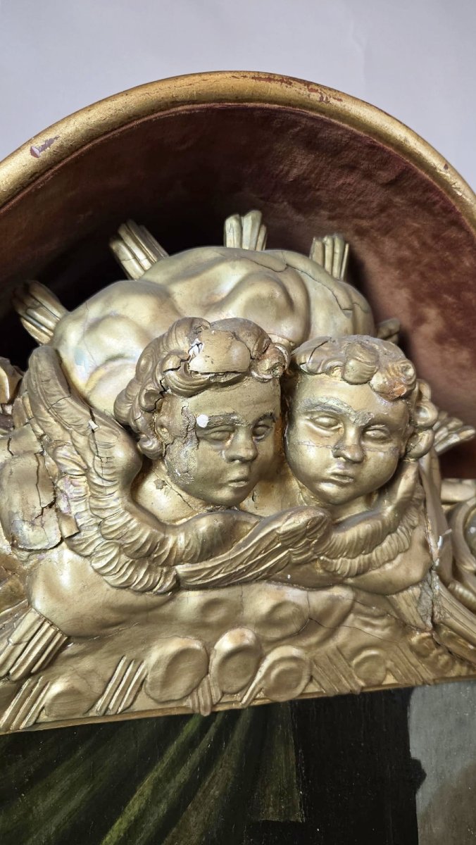 Huile sur panneau représentant une « Vierge à l’Enfant » sous niche, fin du XVIIe siècle-photo-1