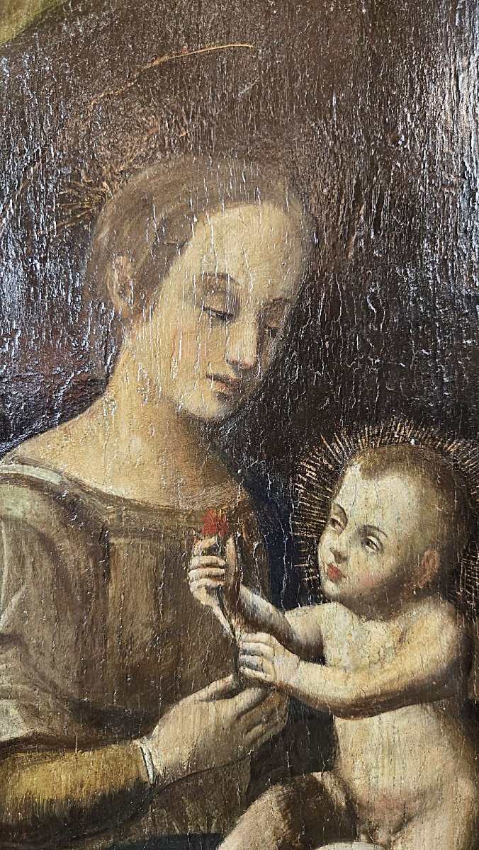 Huile sur panneau représentant une « Vierge à l’Enfant » sous niche, fin du XVIIe siècle-photo-4
