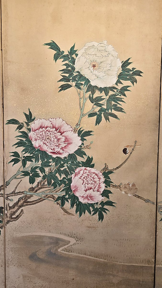 Paravent chinois à décor de pivoines, fin du XIXe siècle.-photo-4