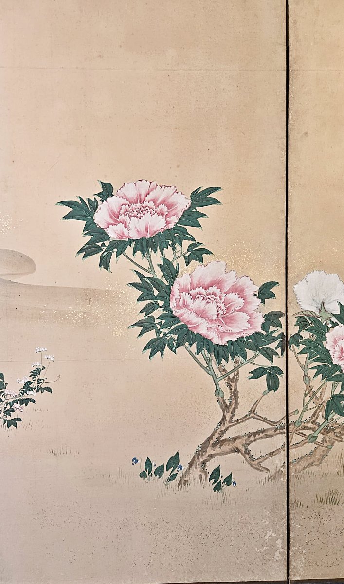 Paravent chinois à décor de pivoines, fin du XIXe siècle.-photo-7