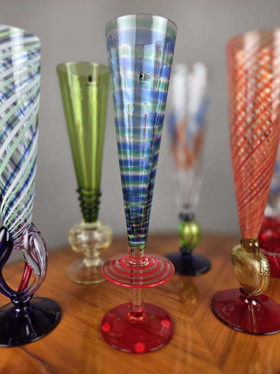 Carlo Moretti, Ensemble de 9 verres Murano, signé et daté, 20th-photo-4