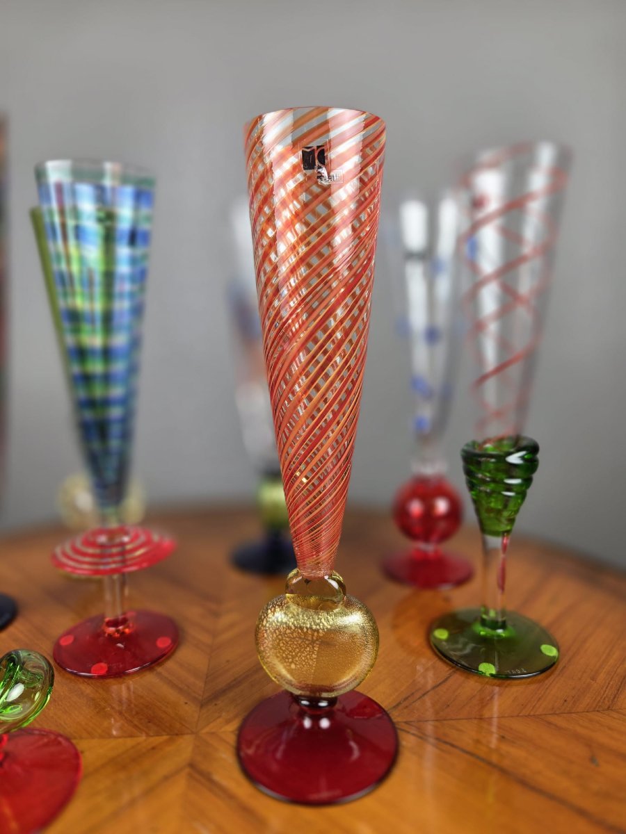 Carlo Moretti, Ensemble de 9 verres Murano, signé et daté, 20th-photo-1