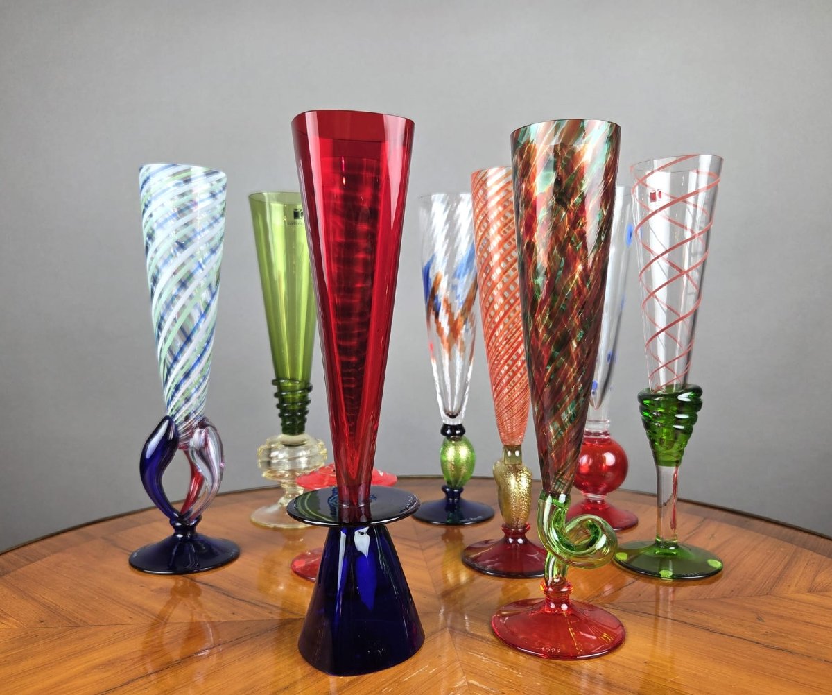 Carlo Moretti, Ensemble de 9 verres Murano, signé et daté, 20th