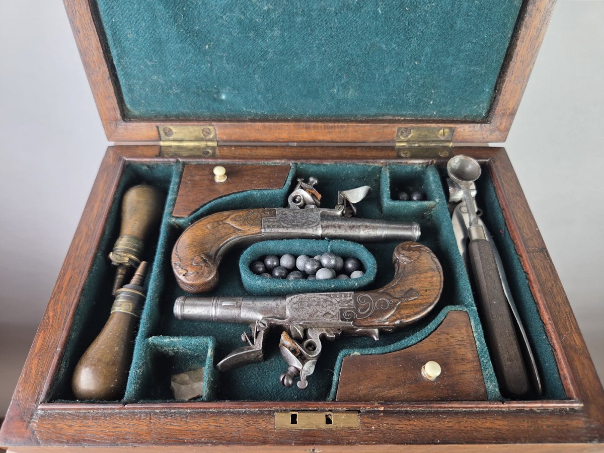 Dueling Set Including 2 Flintlock Pistols And Accessories, 19th
