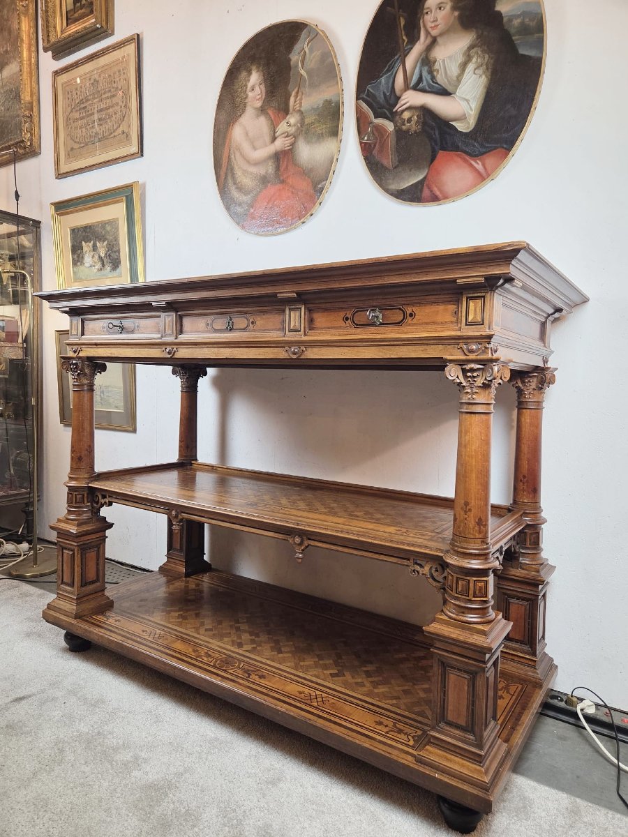 Monumental Three-tiered Sideboard In The Neo-renaissance Style, Made Of Inlaid Mahogany, Late 19th Century