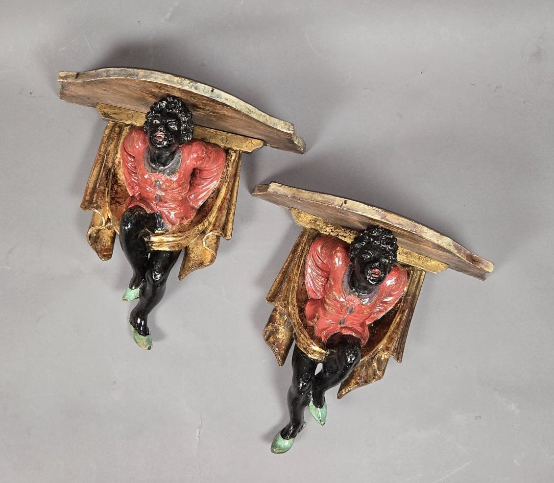 Pair Of Small Polychrome Wooden Side Tables, Italy, 20th Century