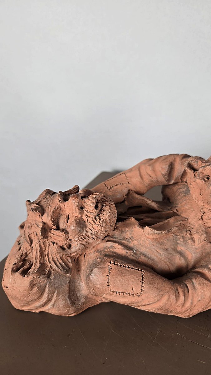 Terracotta Sculpture, “the Beggar And His Dog,” By Louis Falk, 20th Century-photo-3