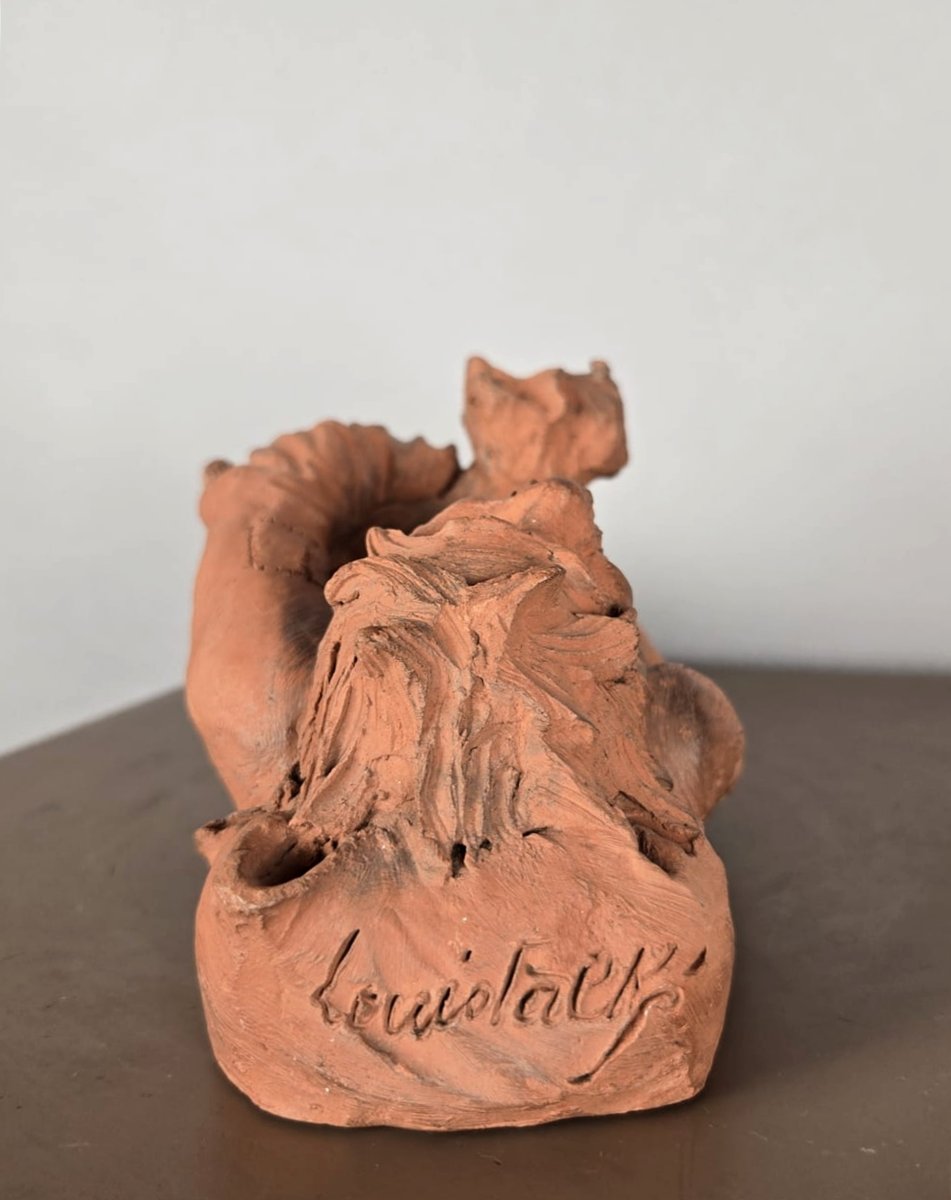 Terracotta Sculpture, “the Beggar And His Dog,” By Louis Falk, 20th Century-photo-1