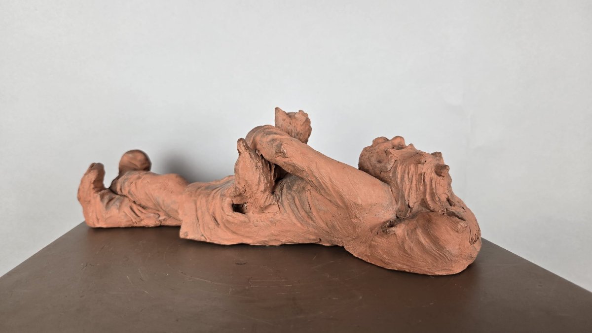 Terracotta Sculpture, “the Beggar And His Dog,” By Louis Falk, 20th Century-photo-2