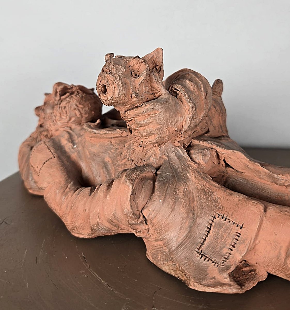 Terracotta Sculpture, “the Beggar And His Dog,” By Louis Falk, 20th Century-photo-4