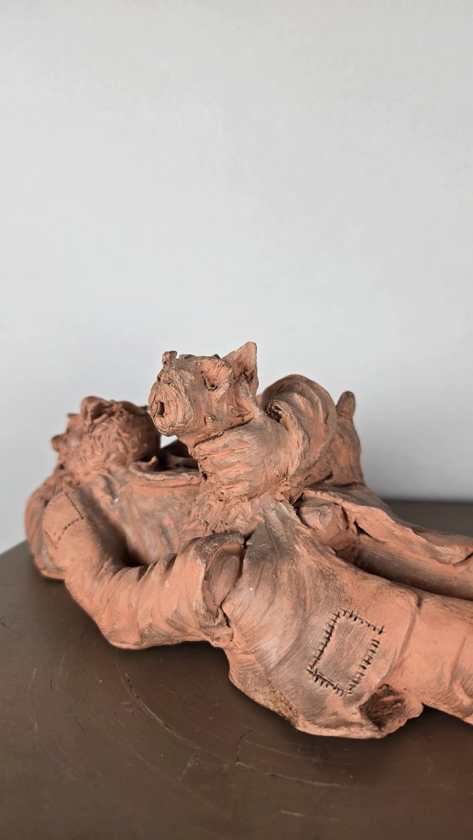 Terracotta Sculpture, “the Beggar And His Dog,” By Louis Falk, 20th Century-photo-5