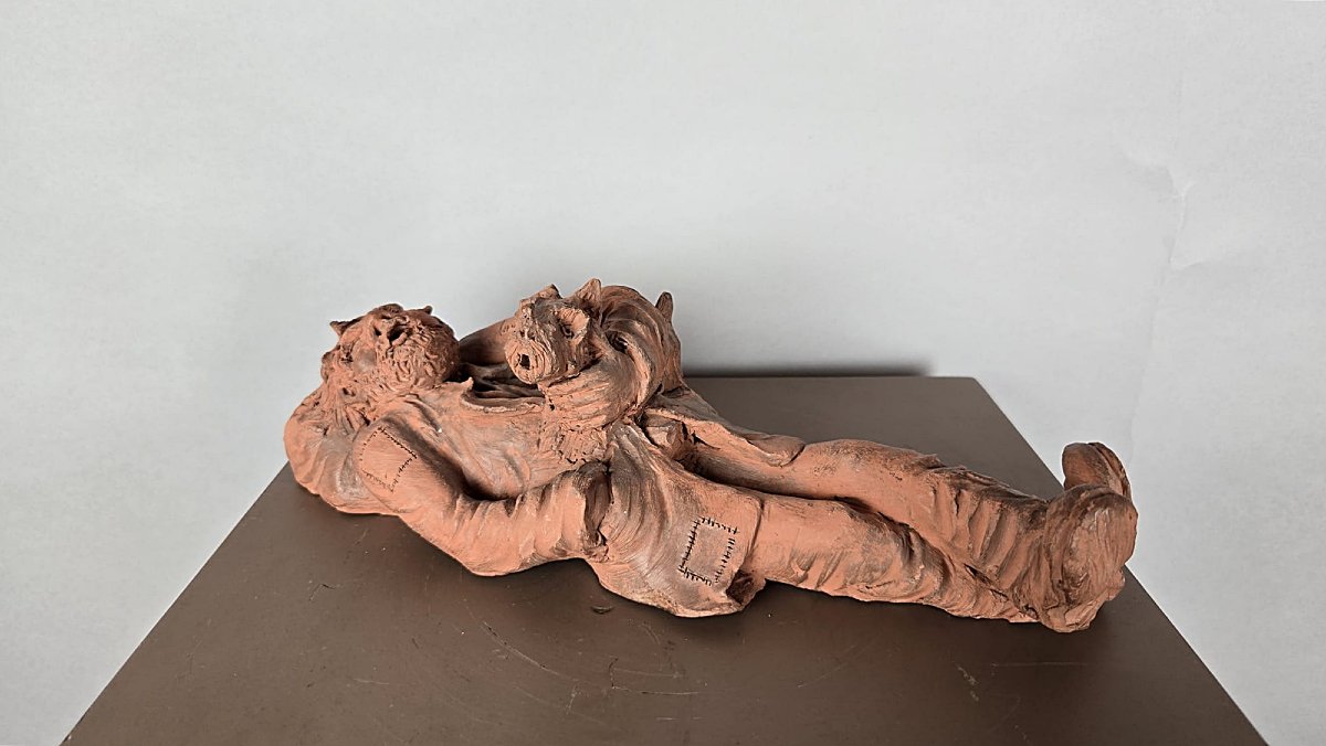 Terracotta Sculpture, “the Beggar And His Dog,” By Louis Falk, 20th Century