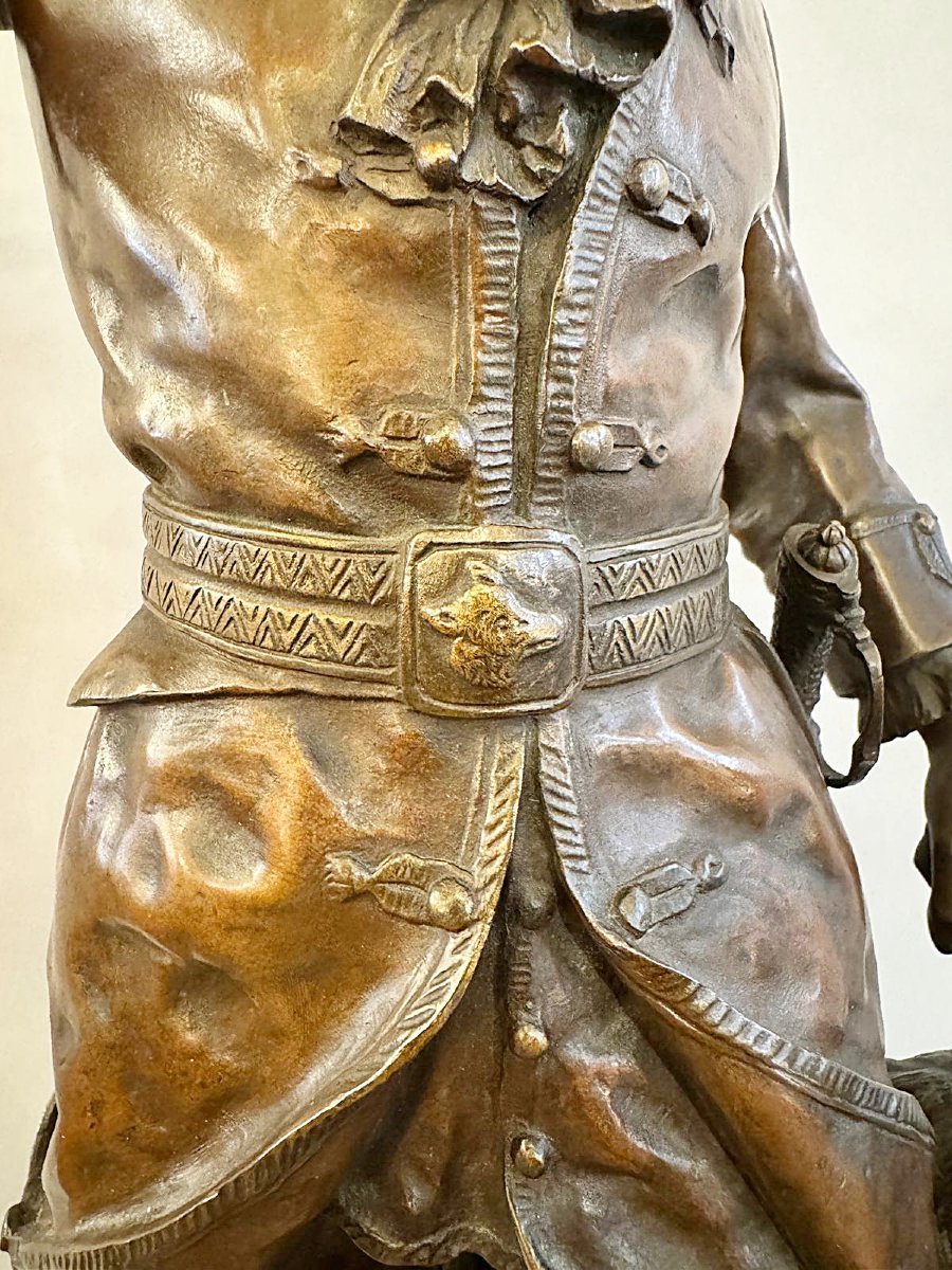 Bronze 19th.c, "Piqueur au Relais", signé H.P. Moreau et Prosper Lecourtier.-photo-3