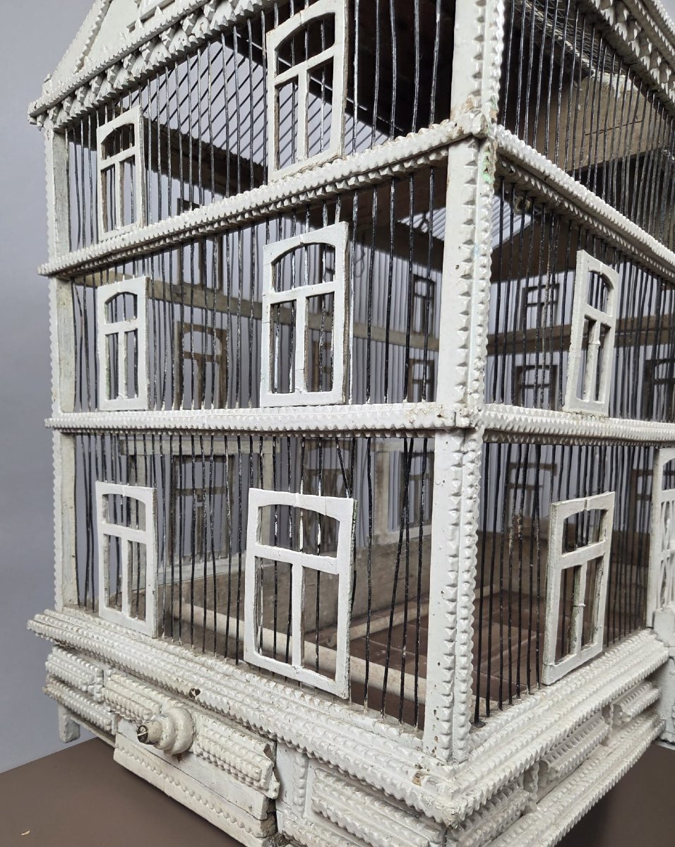Cage à oiseau en bois laqué blanc daté 1912-photo-2