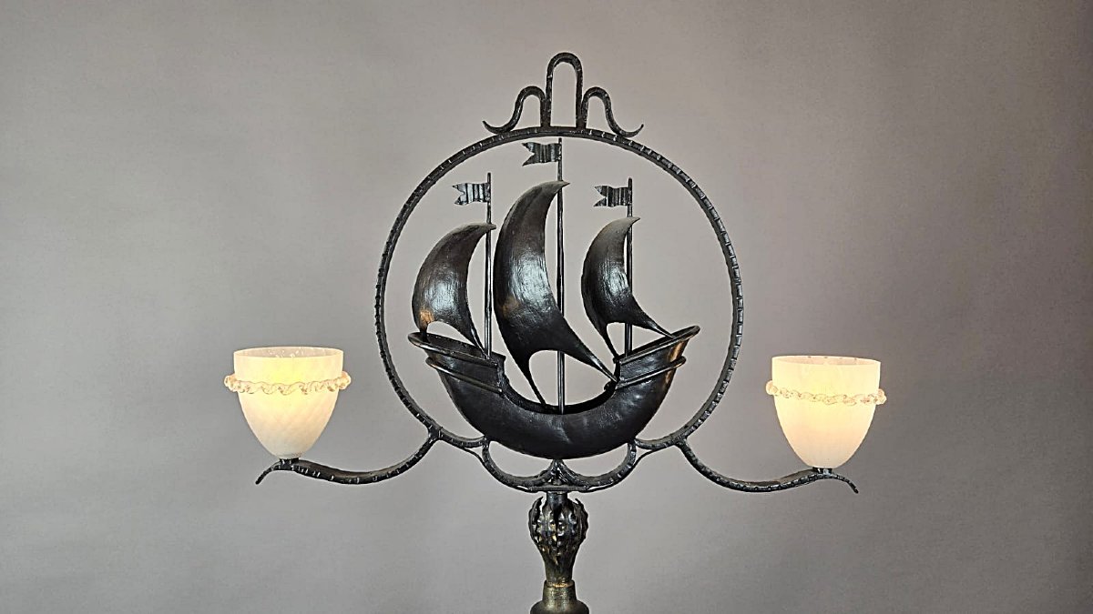 Wrought-iron And Murano Glass Floor Lamp, 1950s.-photo-3