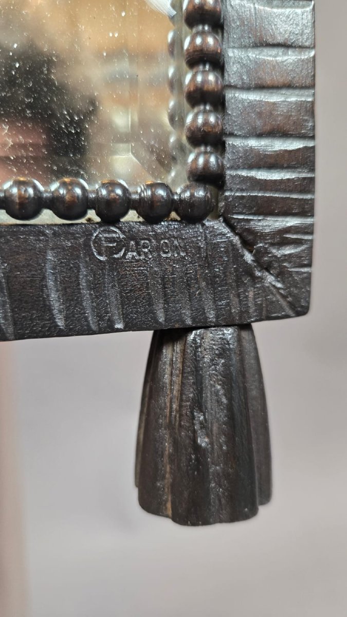 F. Carion, miroir en fer forgé martelé, signé-photo-1