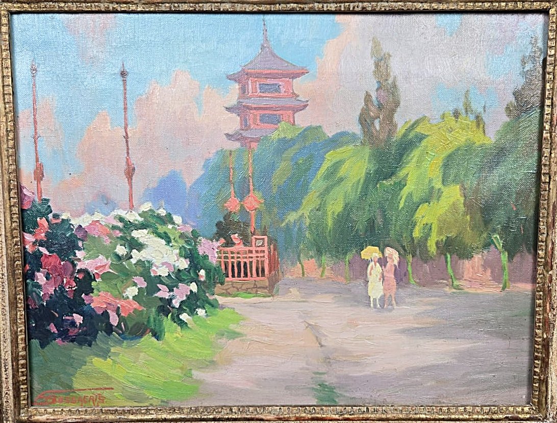 François Bossaerts (1879-1960), école belge, « Élégantes à la Tour japonaise », vers 1920-photo-3
