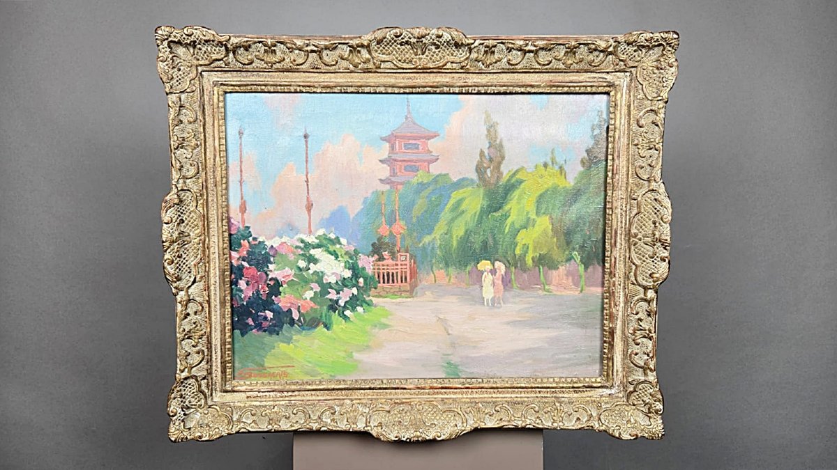 François Bossaerts (1879-1960), école belge, « Élégantes à la Tour japonaise », vers 1920