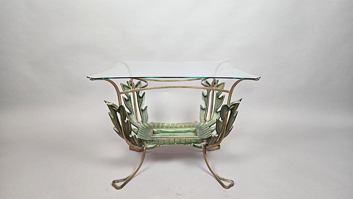 Living Room Coffee Table By Pier Luigi Colli (1895–1968), Made Of Wood And Gilded Brass, Circa 1950-photo-2