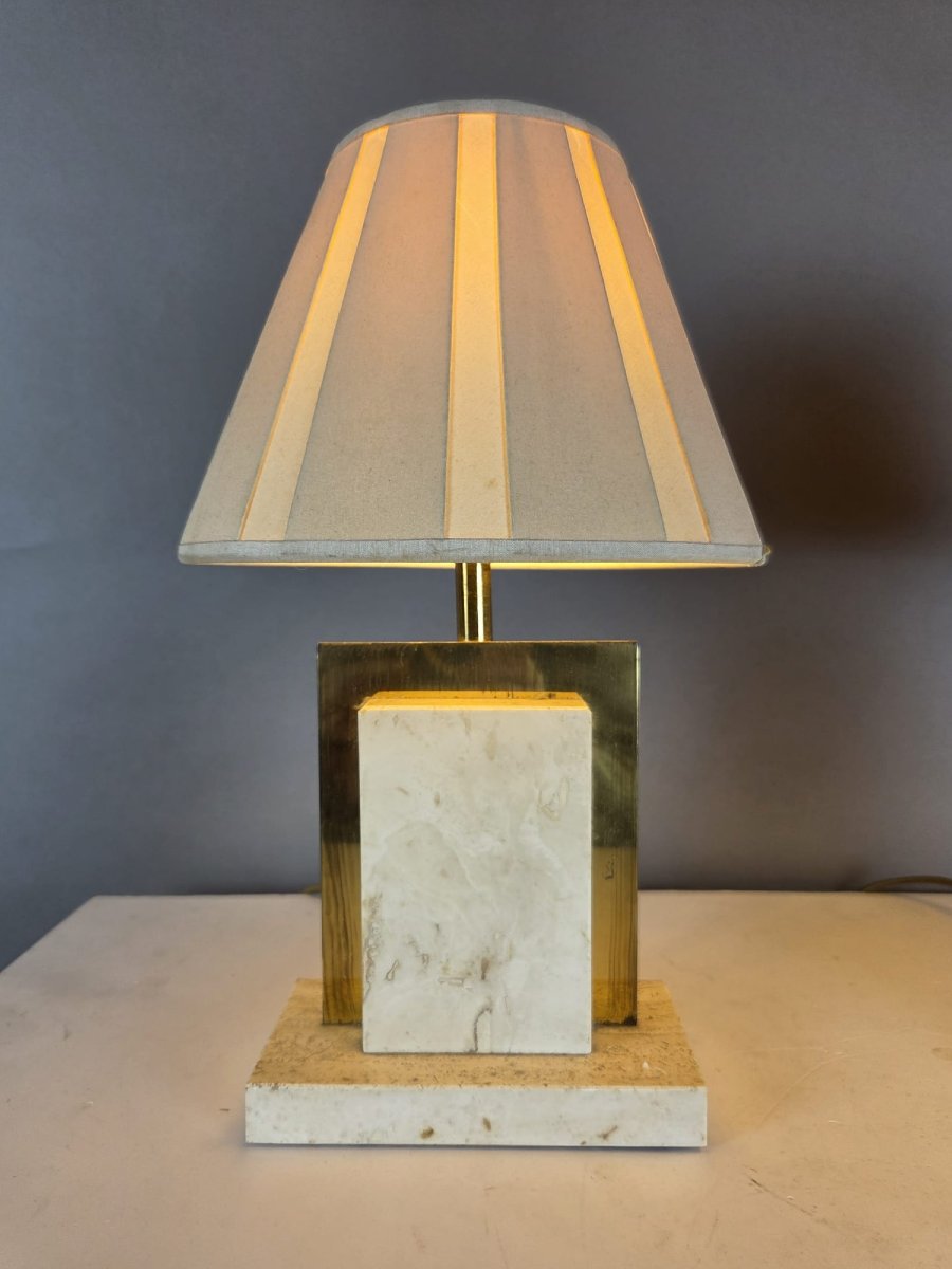 Paire de petites lampes en travertin et laiton, vers 1970-photo-2