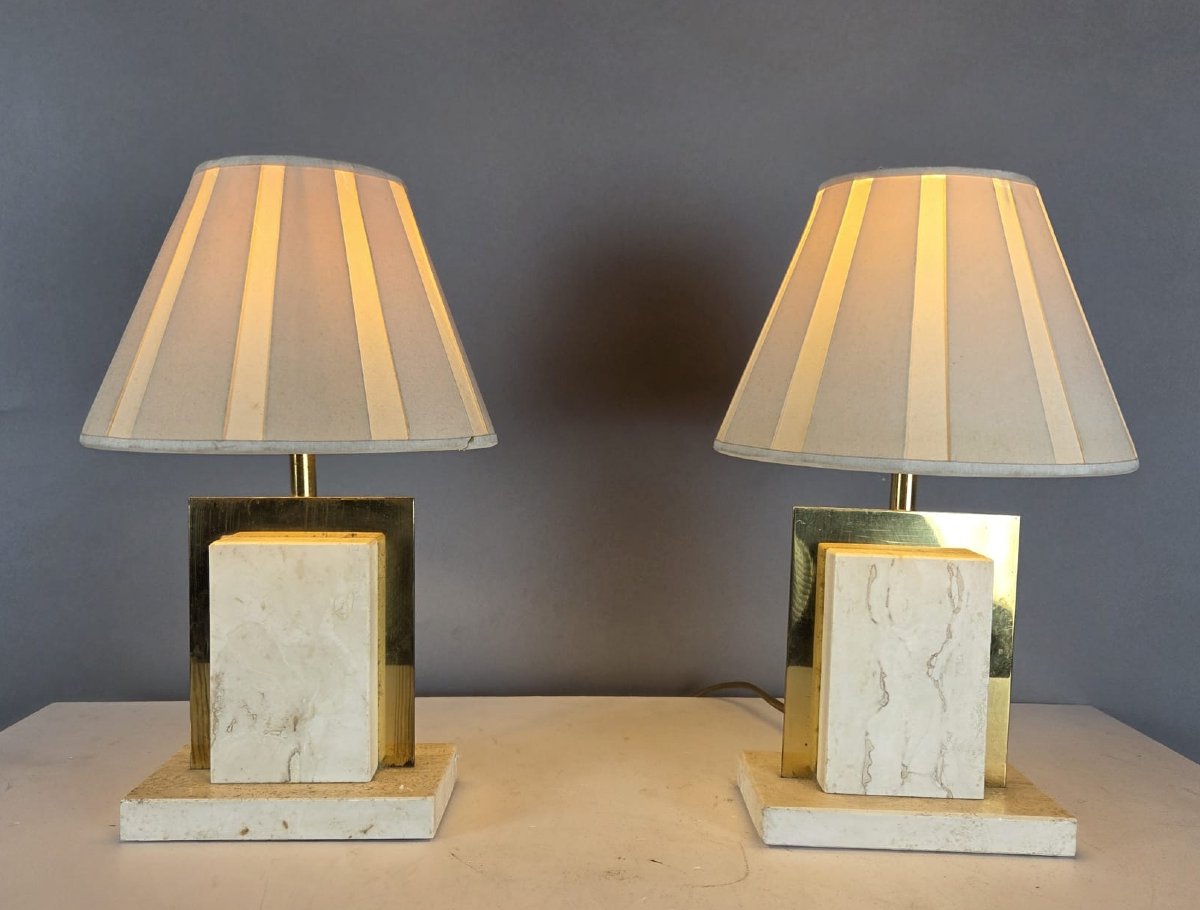 Paire de petites lampes en travertin et laiton, vers 1970