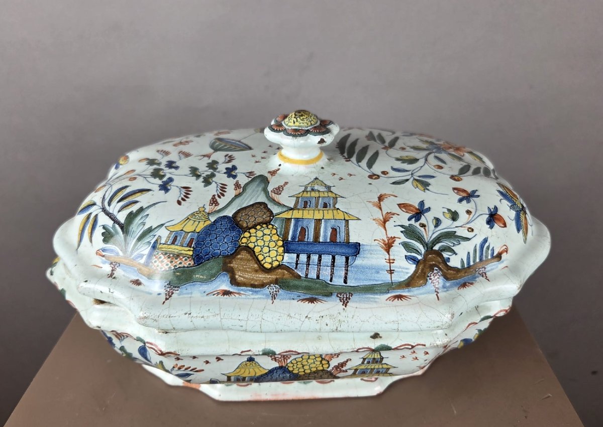 Polychrome Earthenware Vegetable Jar From Rouen, 18th Century-photo-2