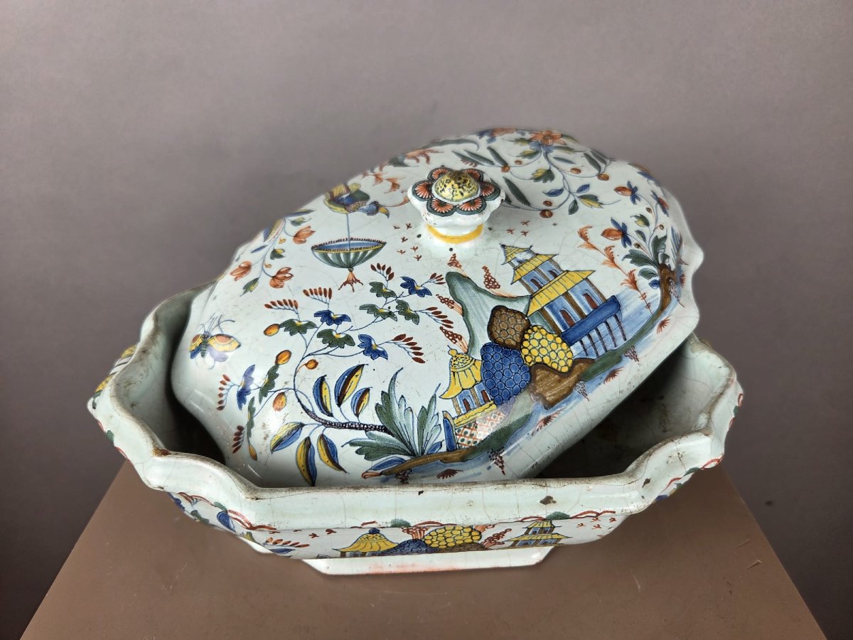 Polychrome Earthenware Vegetable Jar From Rouen, 18th Century-photo-1