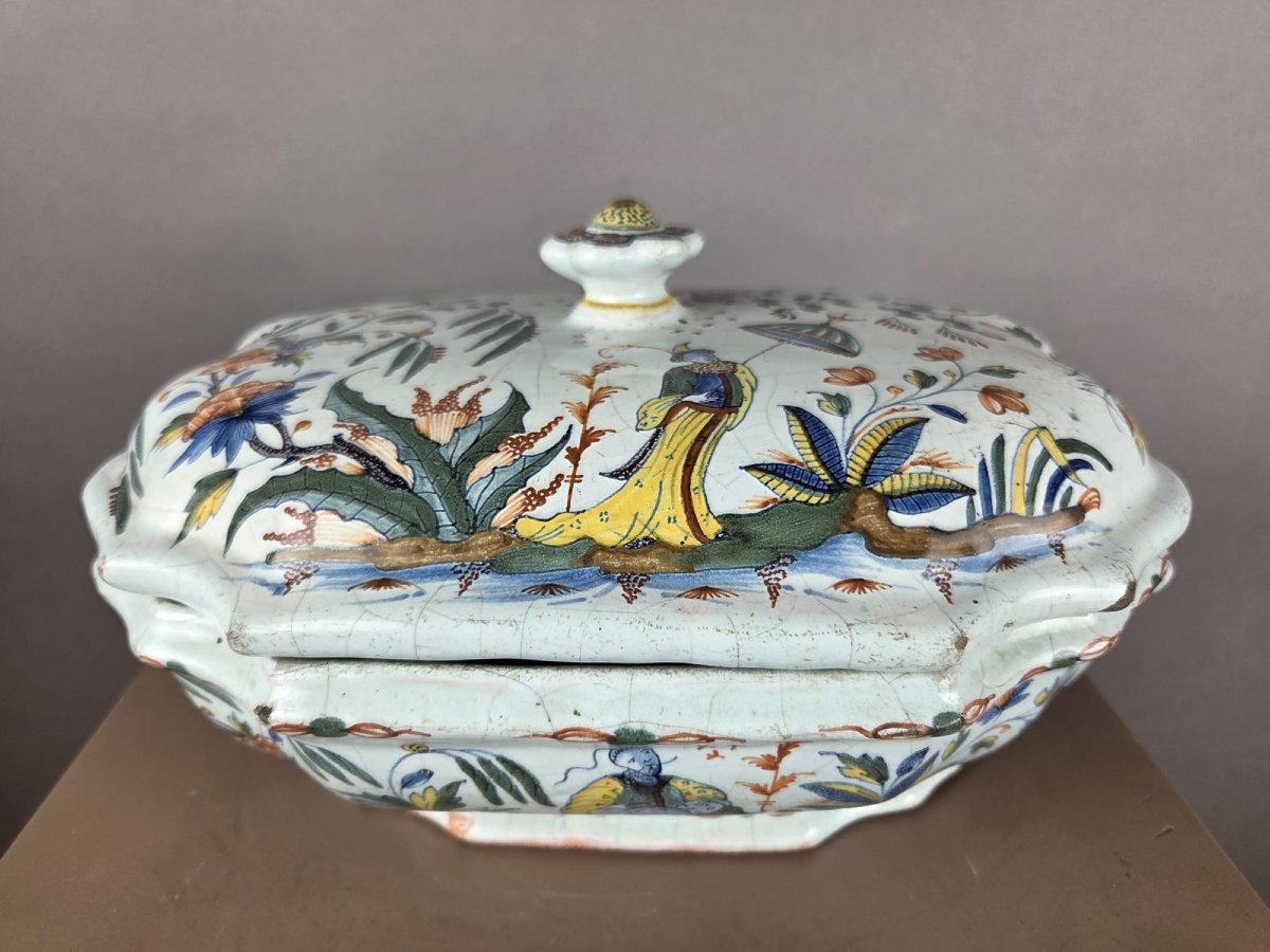 Polychrome Earthenware Vegetable Jar From Rouen, 18th Century-photo-2