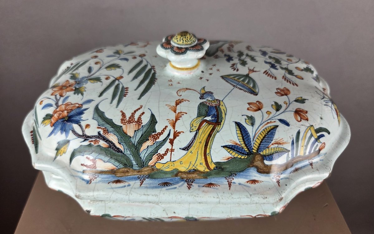 Polychrome Earthenware Vegetable Jar From Rouen, 18th Century-photo-3