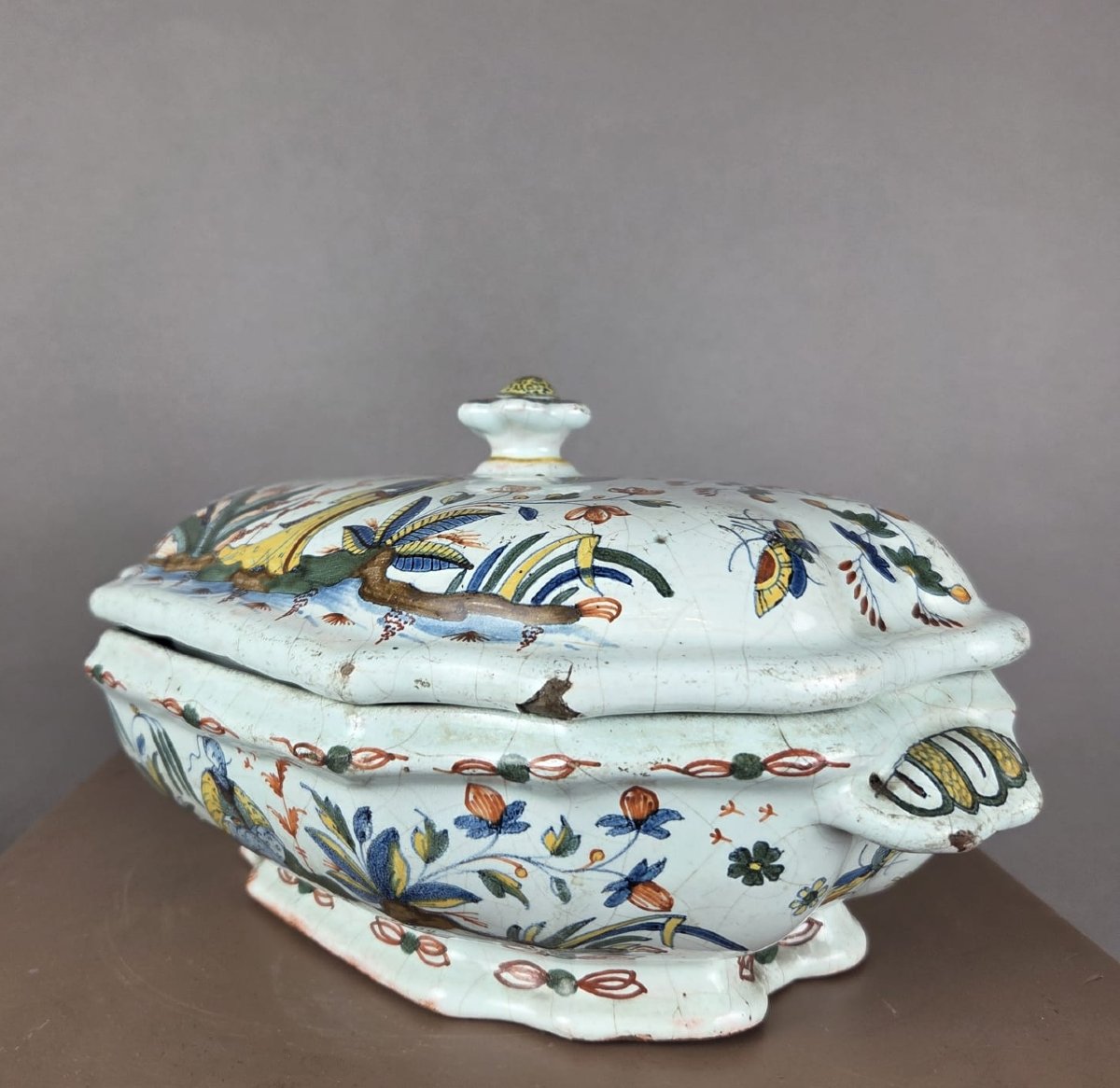 Polychrome Earthenware Vegetable Jar From Rouen, 18th Century-photo-4
