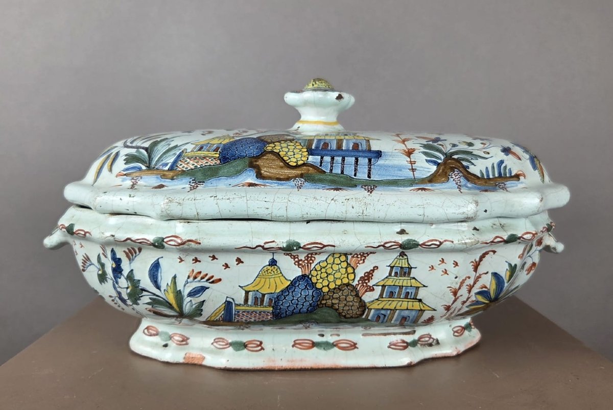 Polychrome Earthenware Vegetable Jar From Rouen, 18th Century