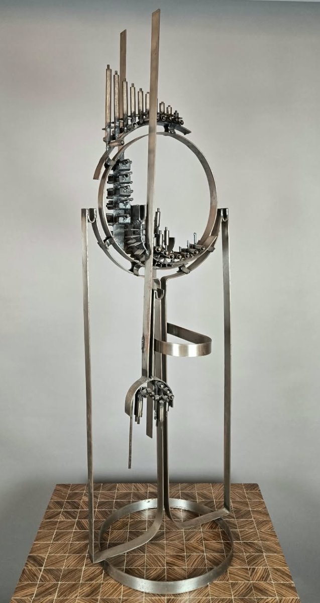 Alphonse Snoeck, sculpture en métal et son socle en travertin, vers 1965-photo-4