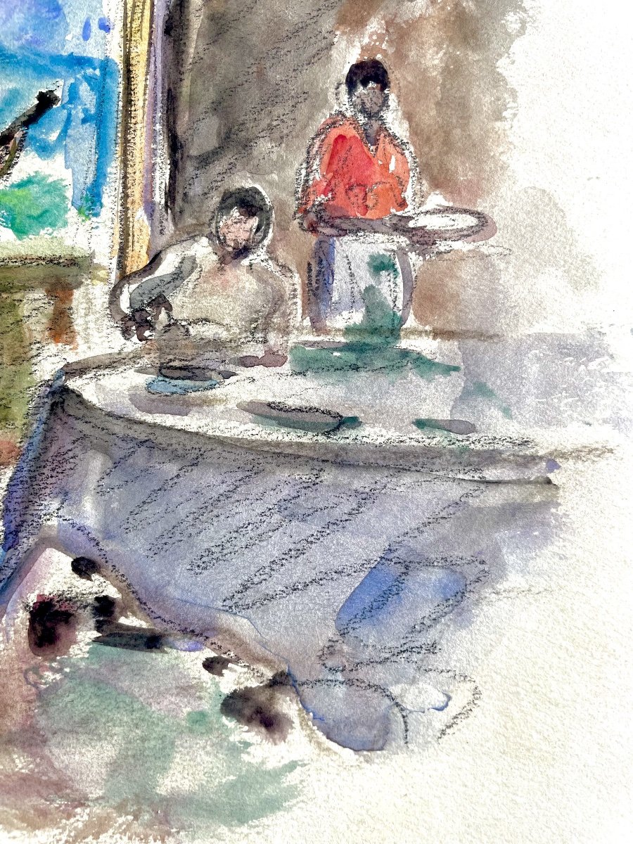 Henri Lebasque (1865–1937), Interior With A Guitarist, Watercolor And Charcoal, Signed, Ca. 1925-photo-6