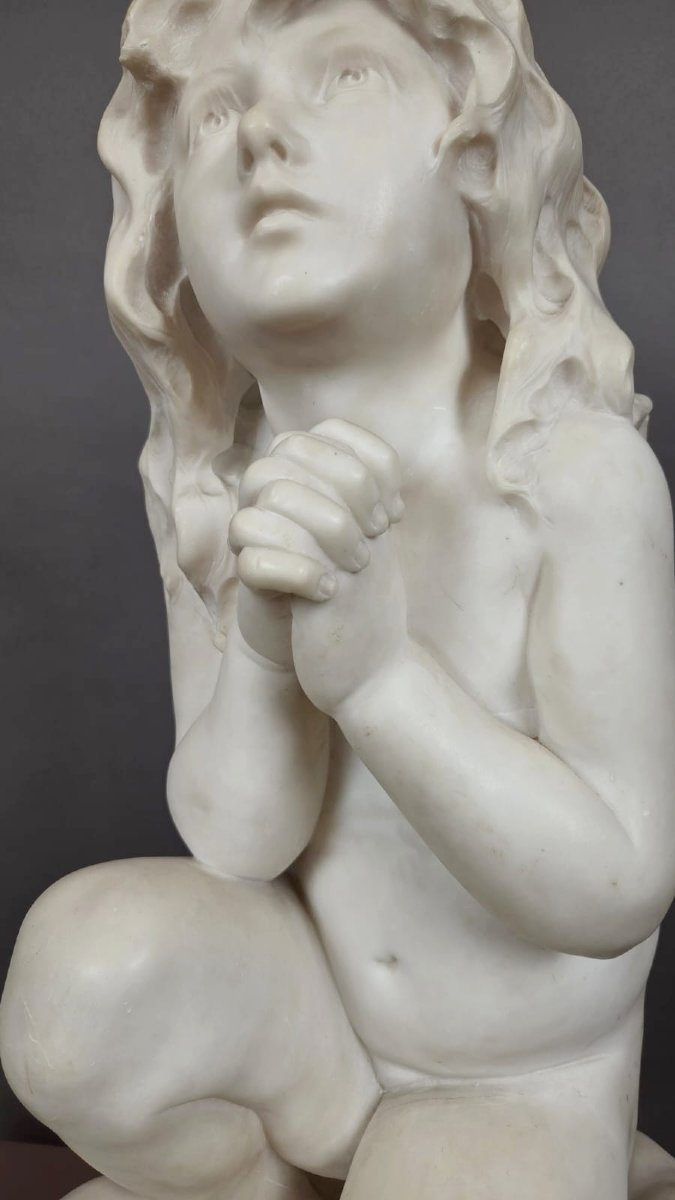 D'après Luigi Pompaloni, "enfant priant" marbre blanc, fin 19th-photo-3